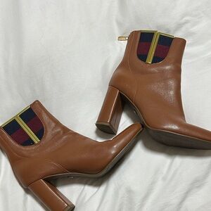 CECELIA NEW YORK Tan Heeled Boots with Striped Accent